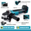 Drillpro 125mm rechargable moedor de ângulo elétrico moagem sem fio 388vf ferramentas elétricas sem escova máquina para makita 18v bateria - Image 2